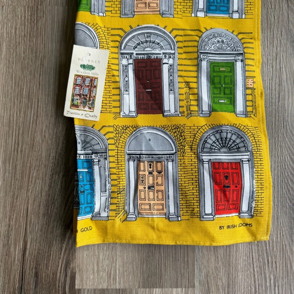 Blarney Woollen Mills Doors of Dublin Tea Towel Yellow Linen Union Irish Looms